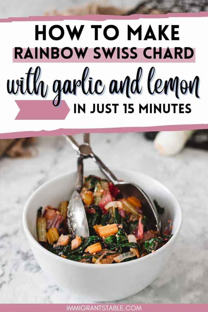 sauteed rainbow chard in bowl with silver thongs