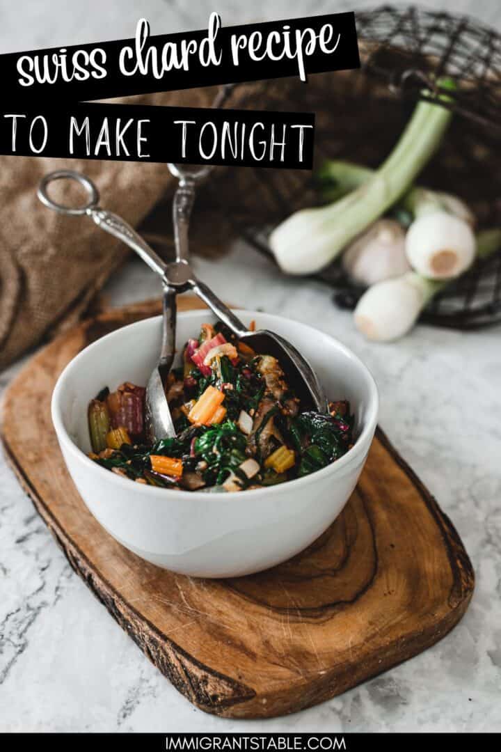 sauteed rainbow chard in bowl with silver thongs