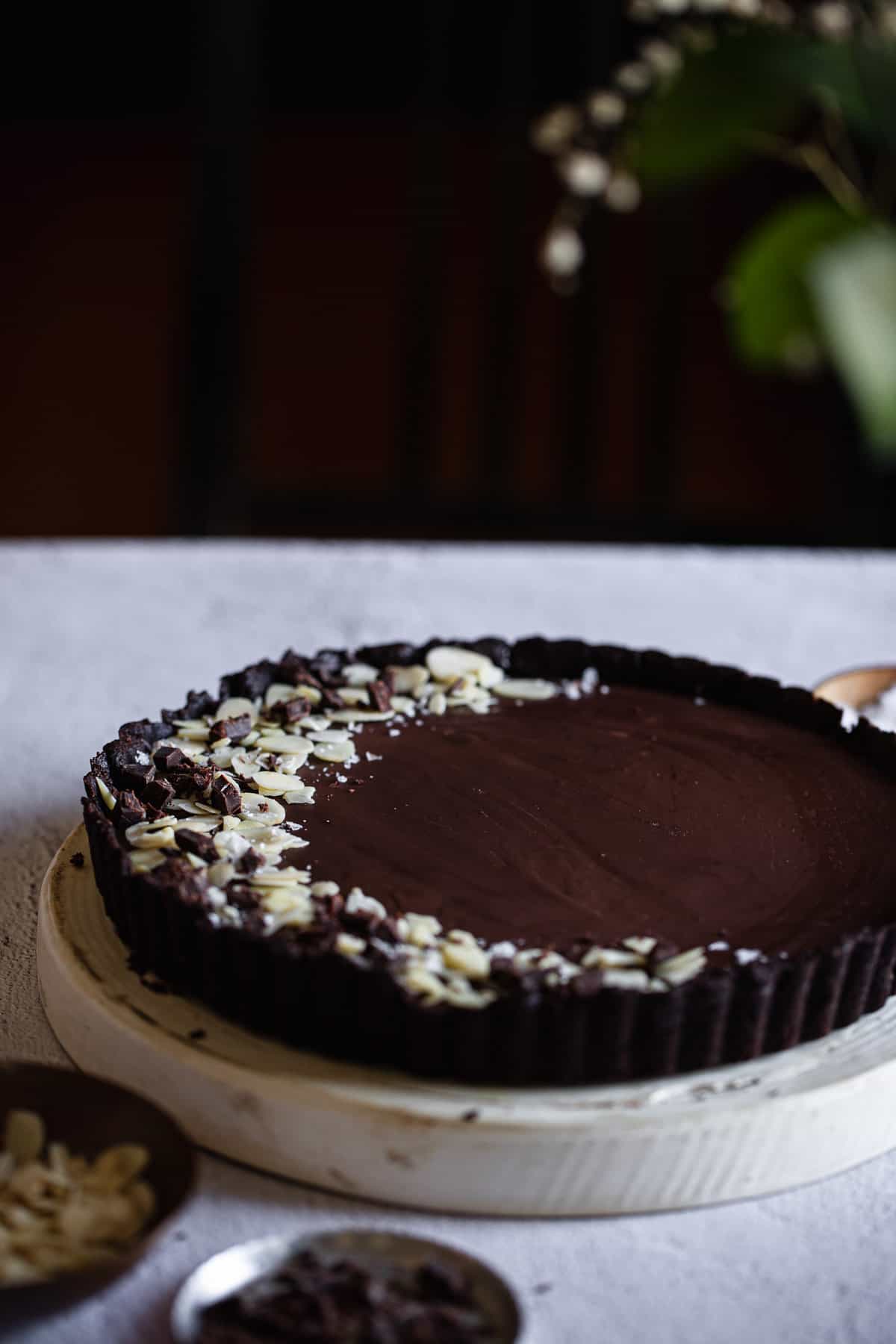 side view of chocolate tart on table