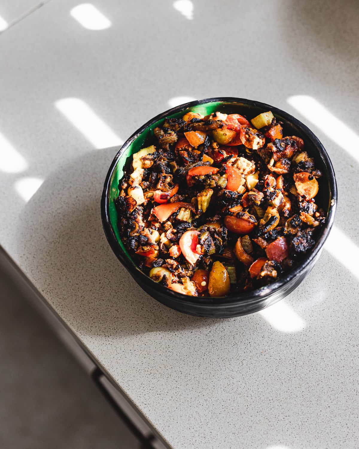 bowl of simple okra curry on windowsill