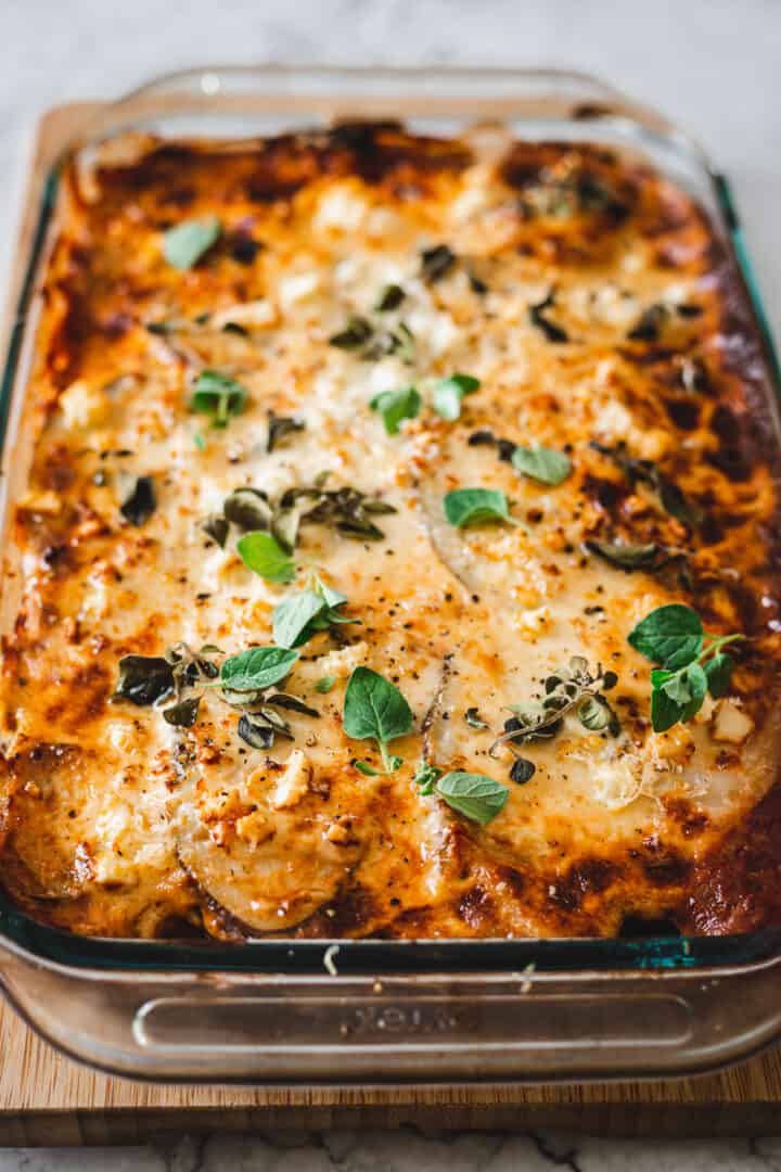 full baked vegetarian moussaka in a pan