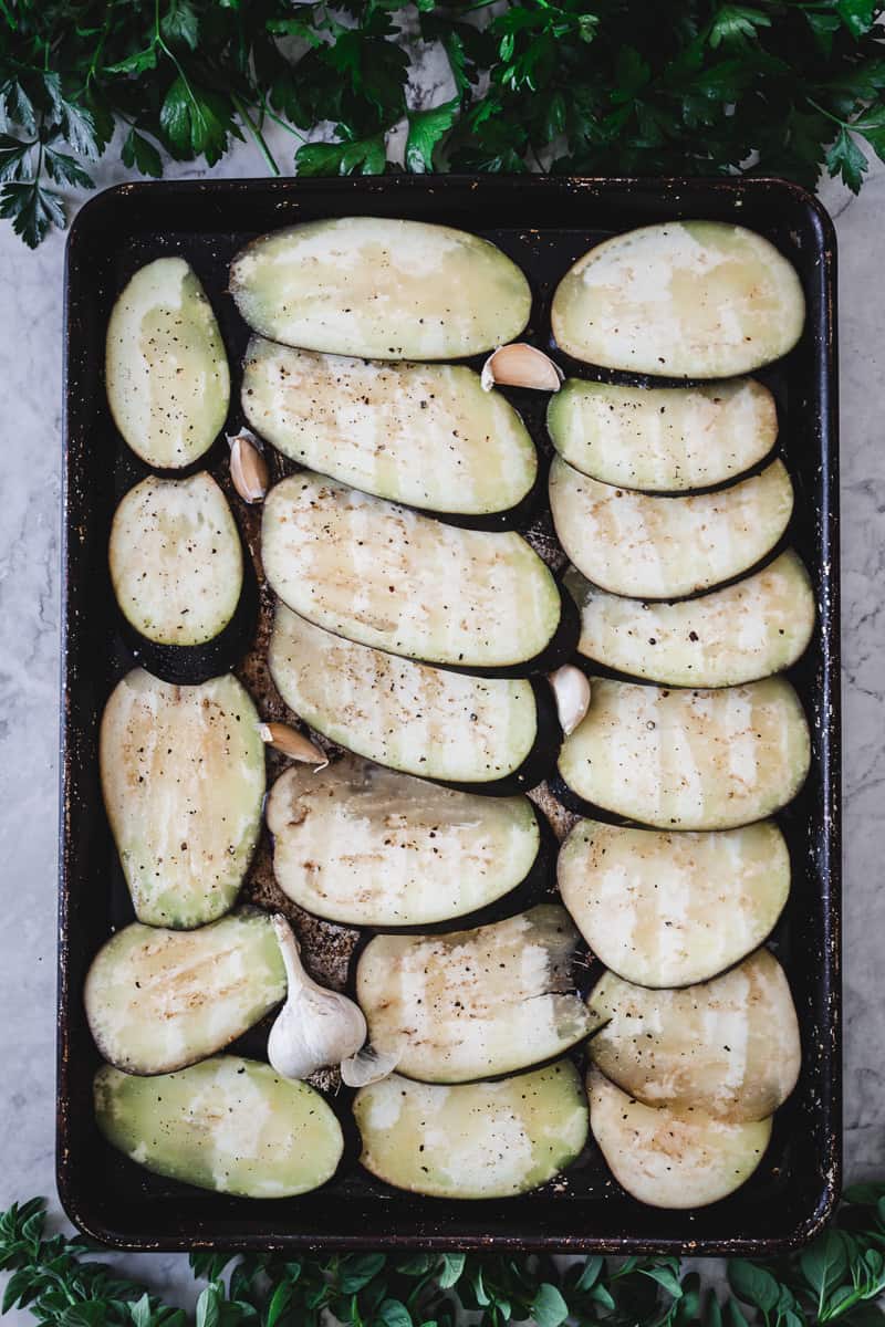 eggplants in baking sheet