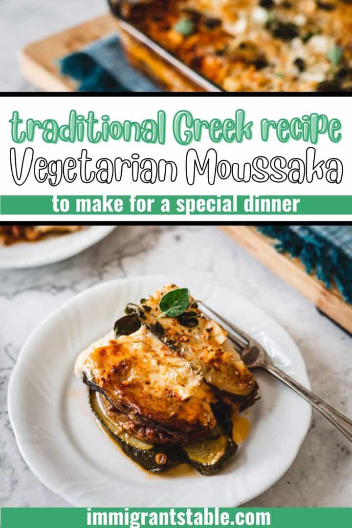 one serving of vegetarian moussaka on a plate with fork