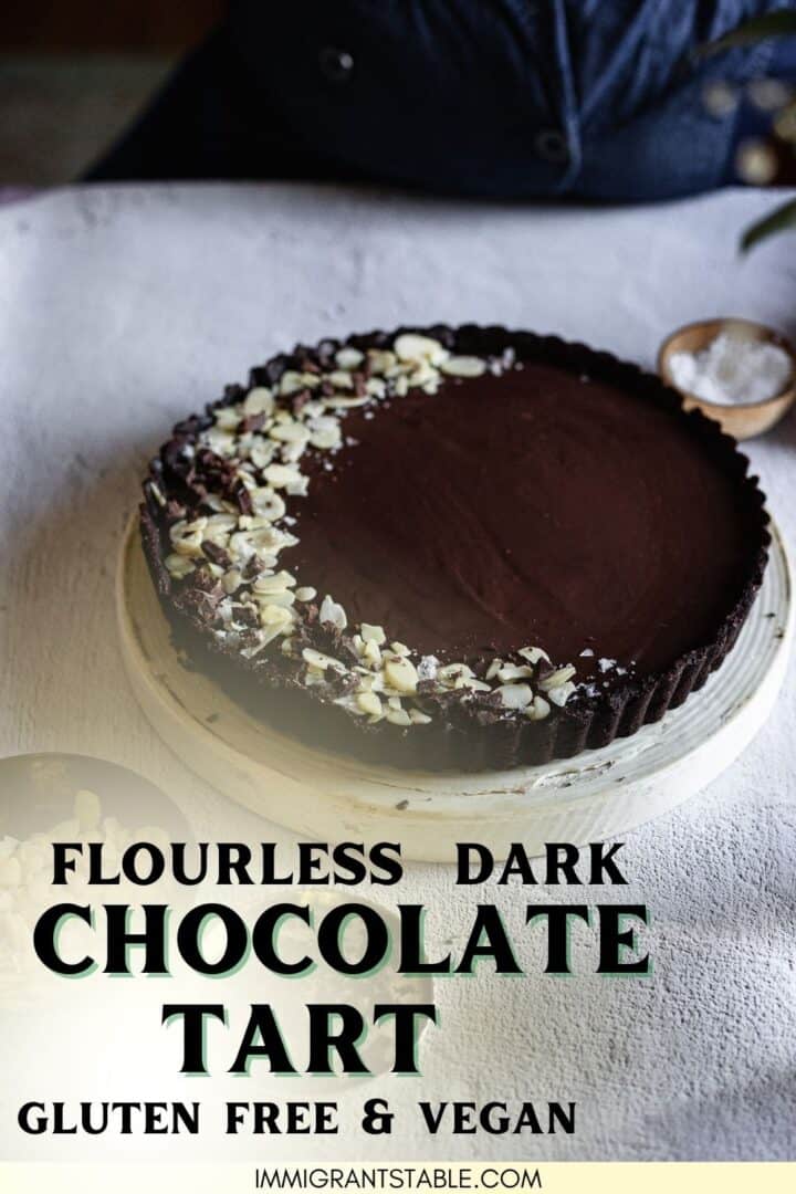 A decadent flourless dark chocolate tart that is both gluten-free and vegan.