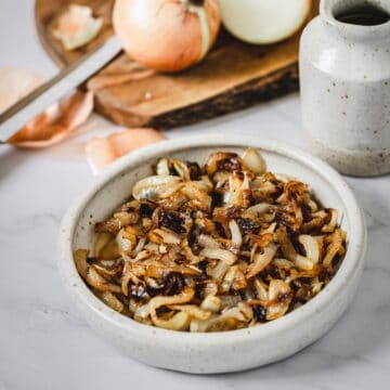 bowl with caramelized onions  Apple olive oil cake Quick Caramelized Onions THUMBNAIL 360x360