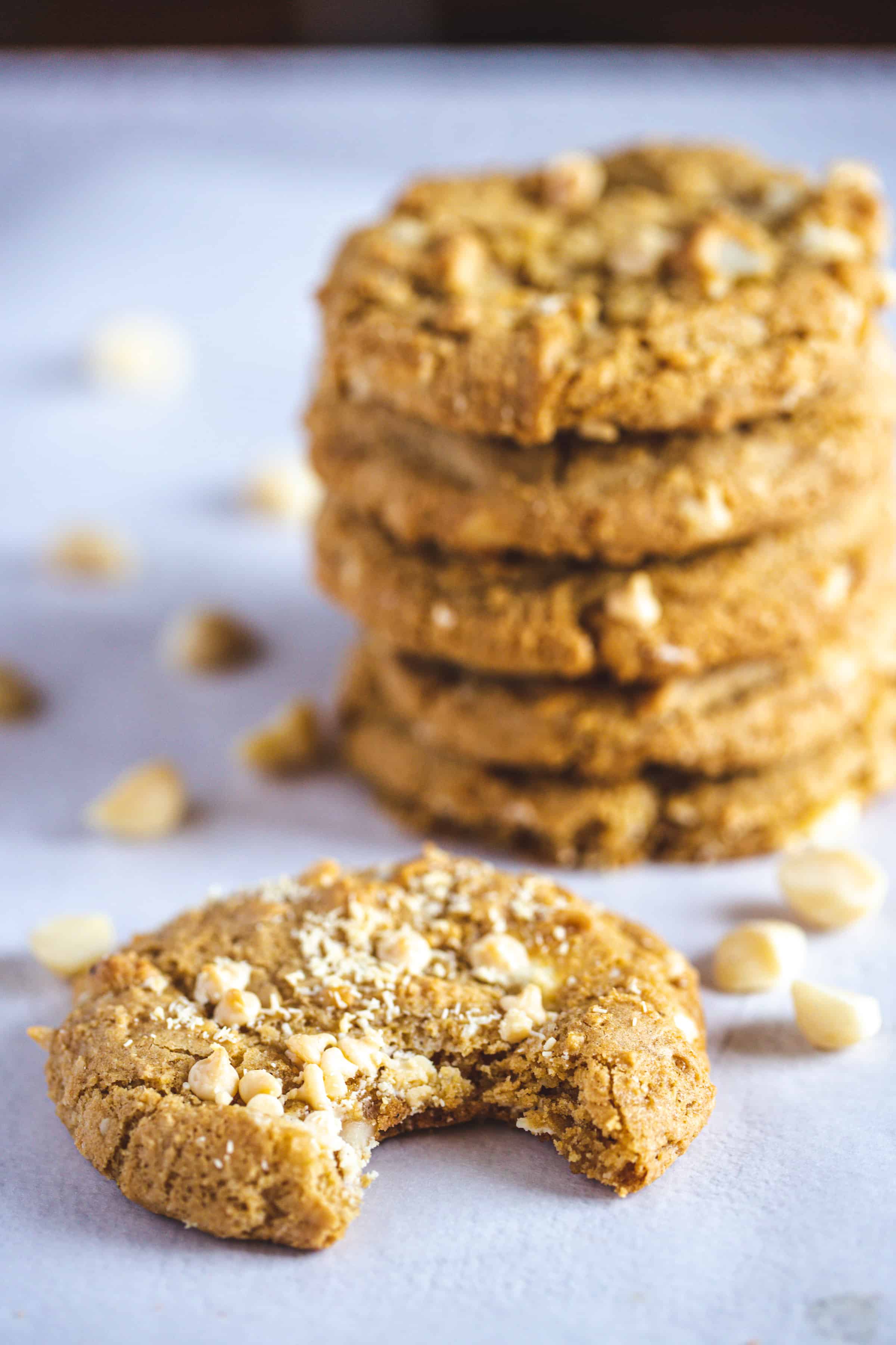 close up on cookie with cookies stacked behind