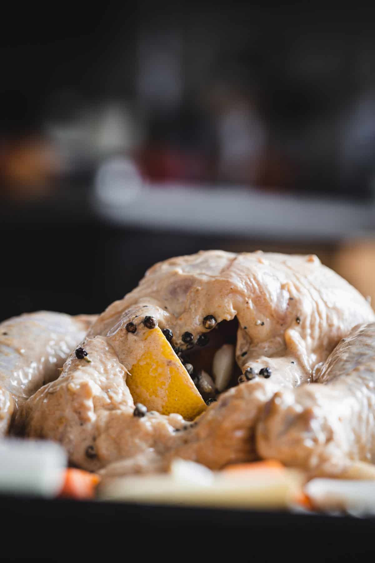 a look at a stuffed whole chicken with lemon
