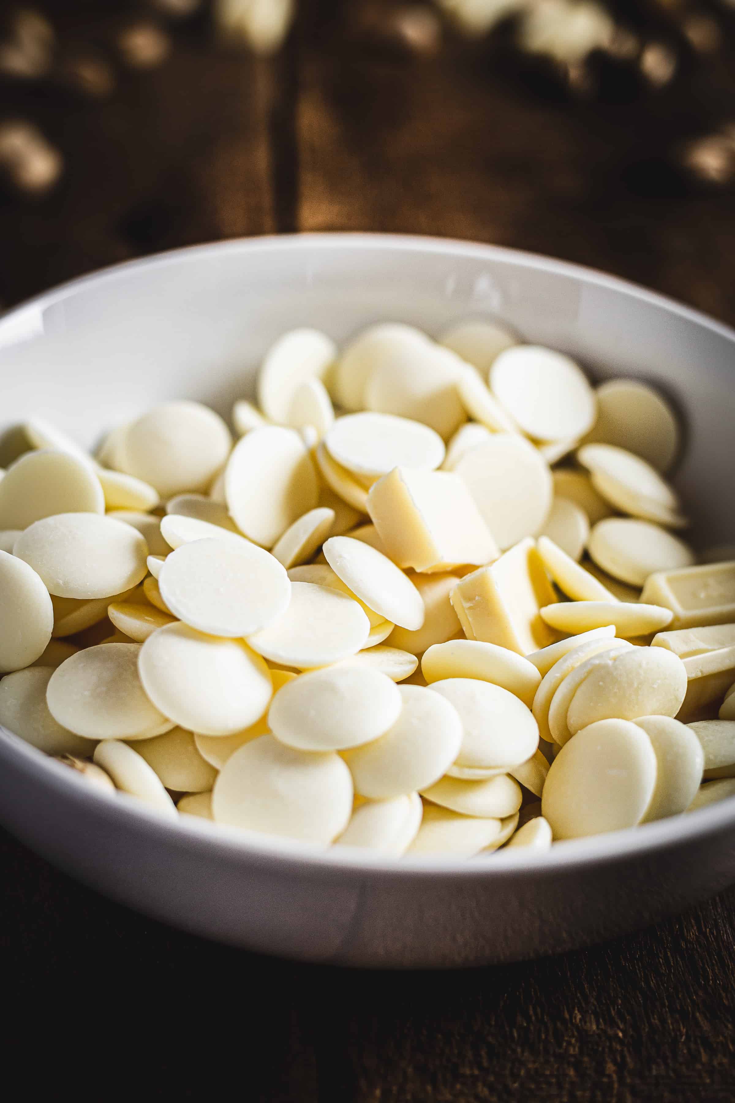 white chocolate pieces and wafers in a bowl