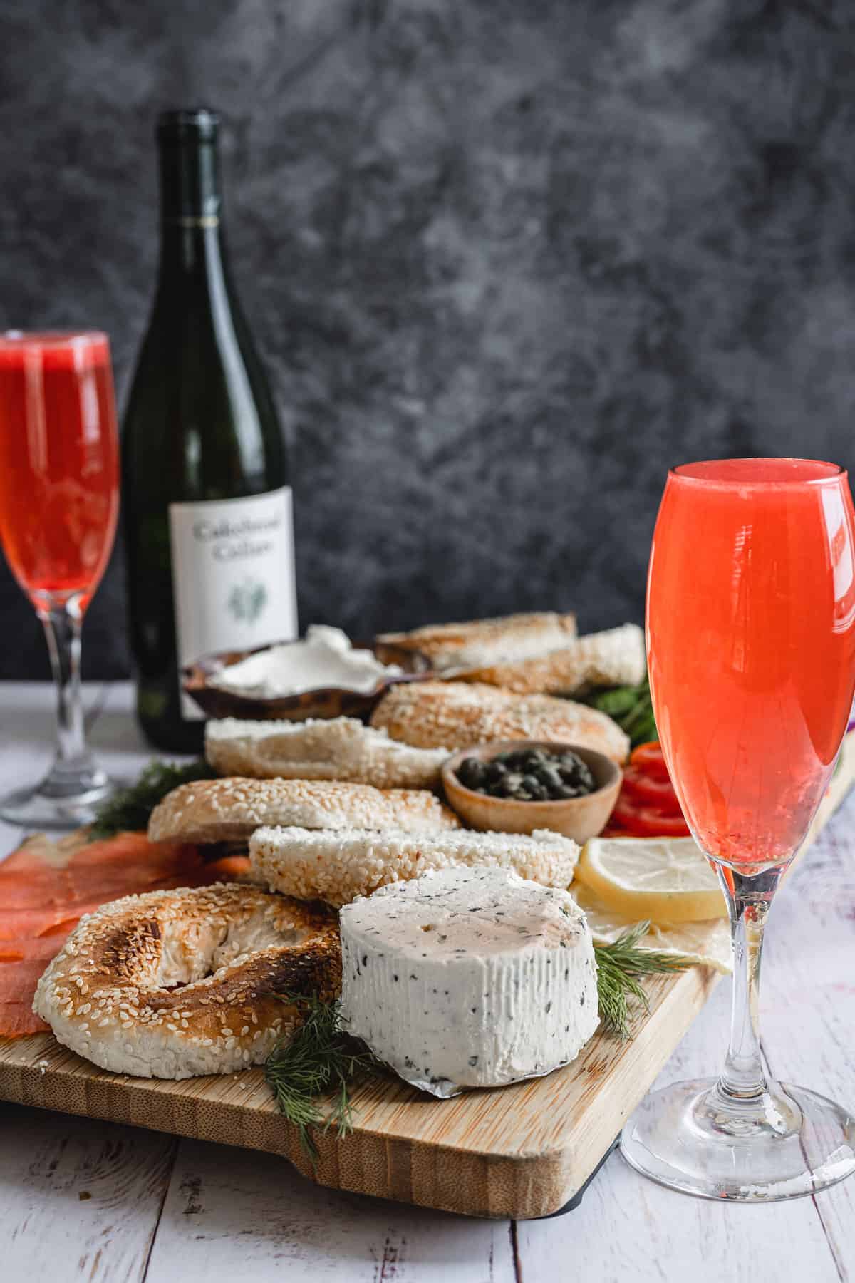 two white wine spritzers and bagel board