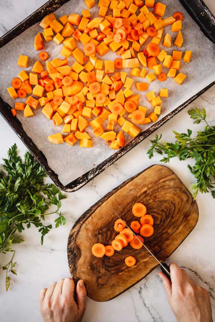 dicing carrots with baking sheet