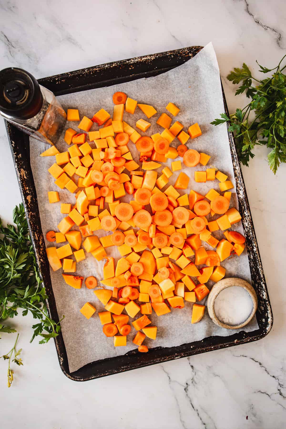 tray of butternut squash and carrots