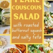 ingredients, pearl couscous, dressing, close up, salad overhead, salad close up