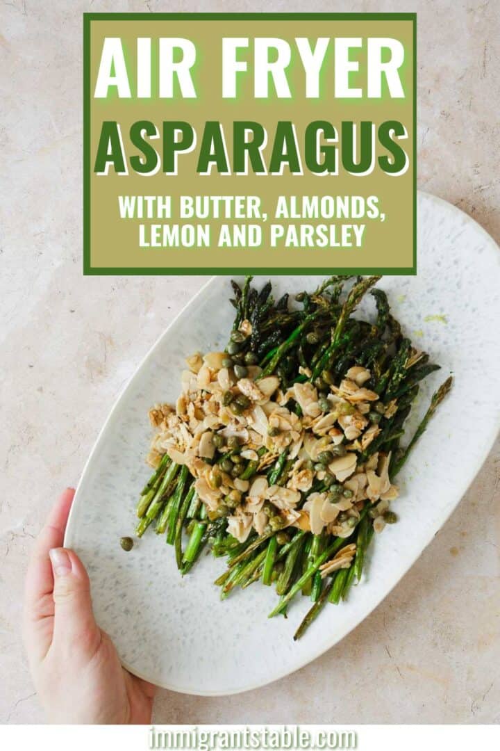 serving air fryer asparagus in blue plate