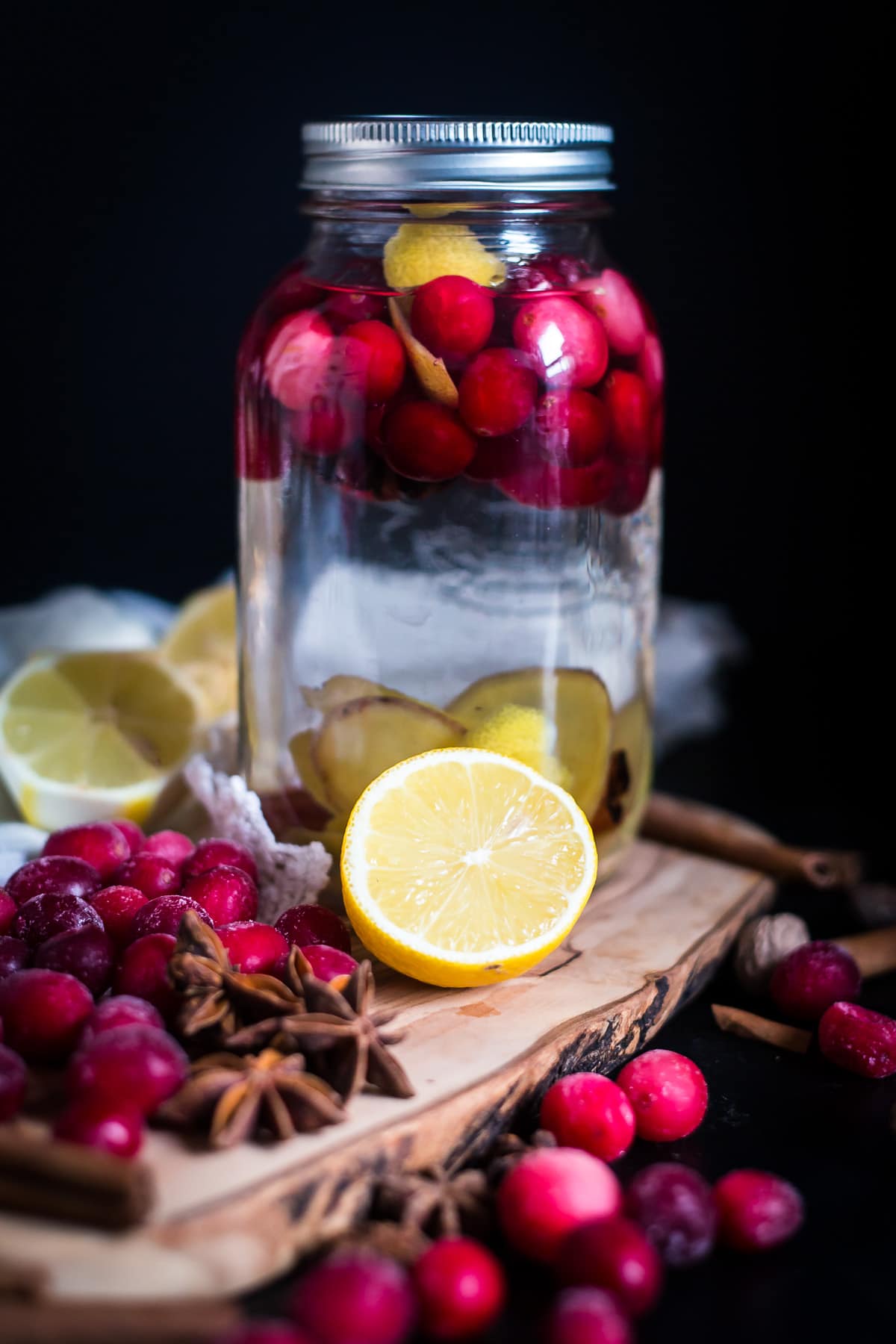 Cranberry Infused Vodka in jar with ingredients