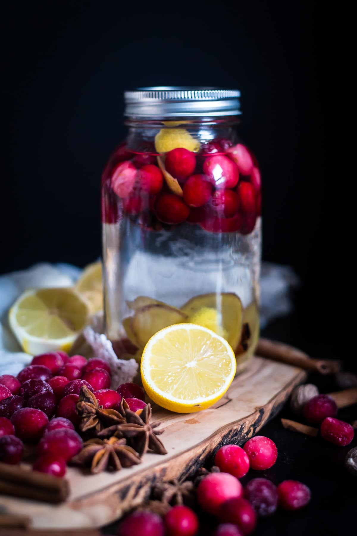 Cranberry Infused Vodka in jar with ingredients