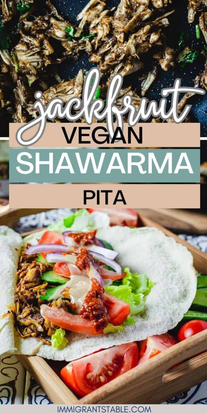 side view of vegan shawarma pita with shawarma sauce, above image of jackfruit shawarma in pan