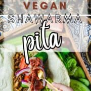 Placing harissa sauce in vegan shawarma pita, above image of jackfruit shawarma in pan