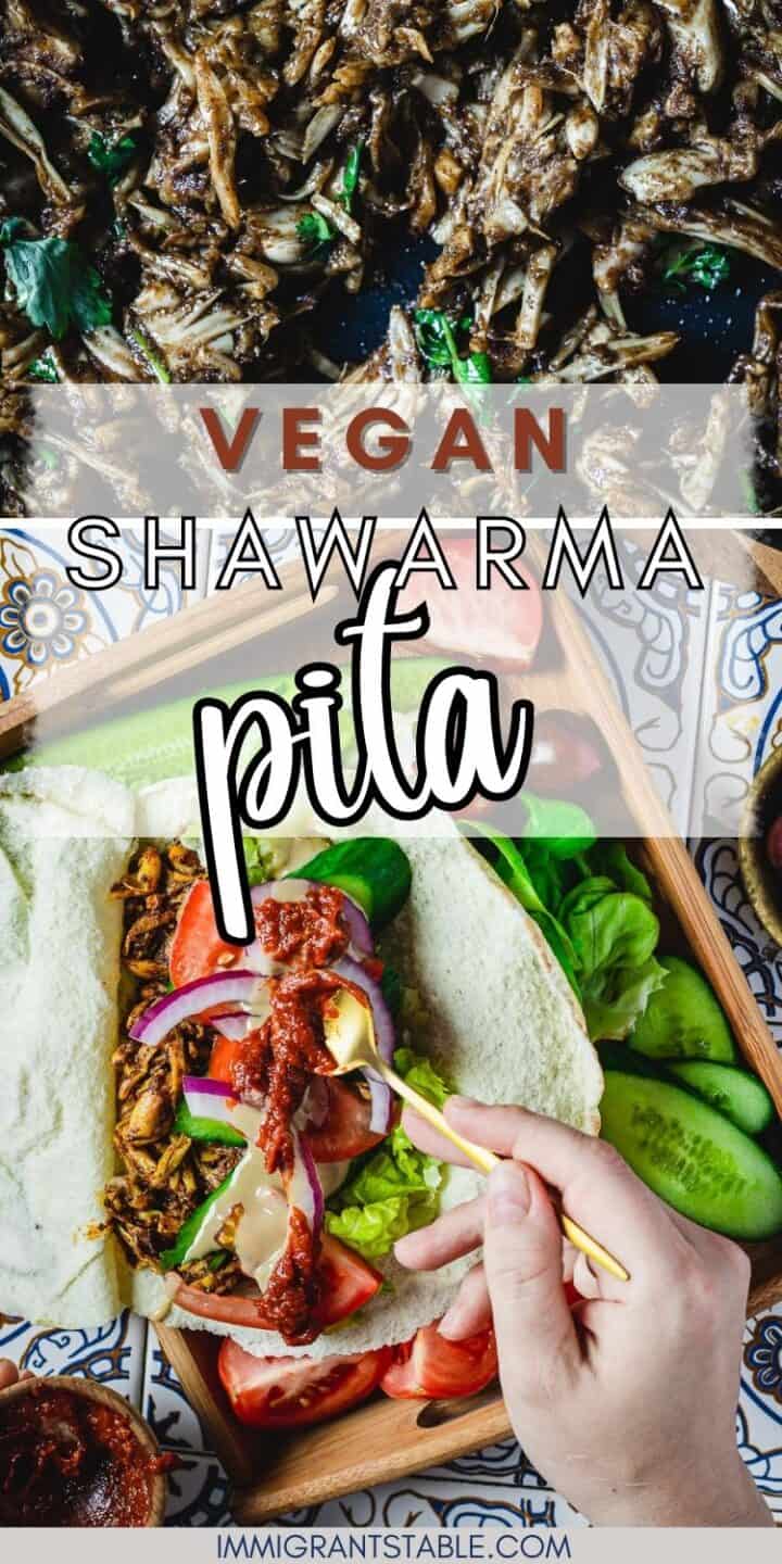 Placing harissa sauce in vegan shawarma pita, above image of jackfruit shawarma in pan