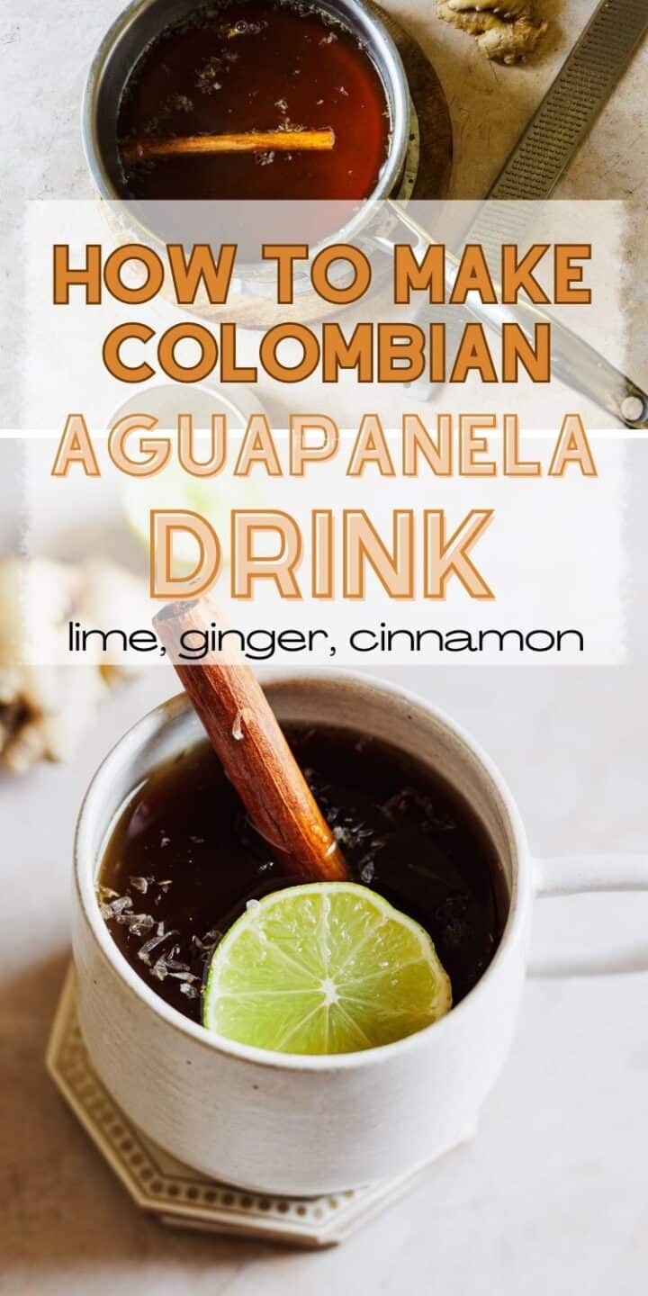 A white mug of aguapanela garnished with a cinnamon stick and lime slice.