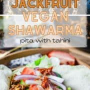 side view of vegan shawarma pita with shawarma sauce, above image of jackfruit shawarma in pan