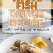 White fish in white wine sauce on white plate with gold fork, focus on herbs in pan above
