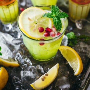 Close up of a limonana mint mocktail.