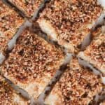 A healthy white plate with squares of bars with granola on top.
