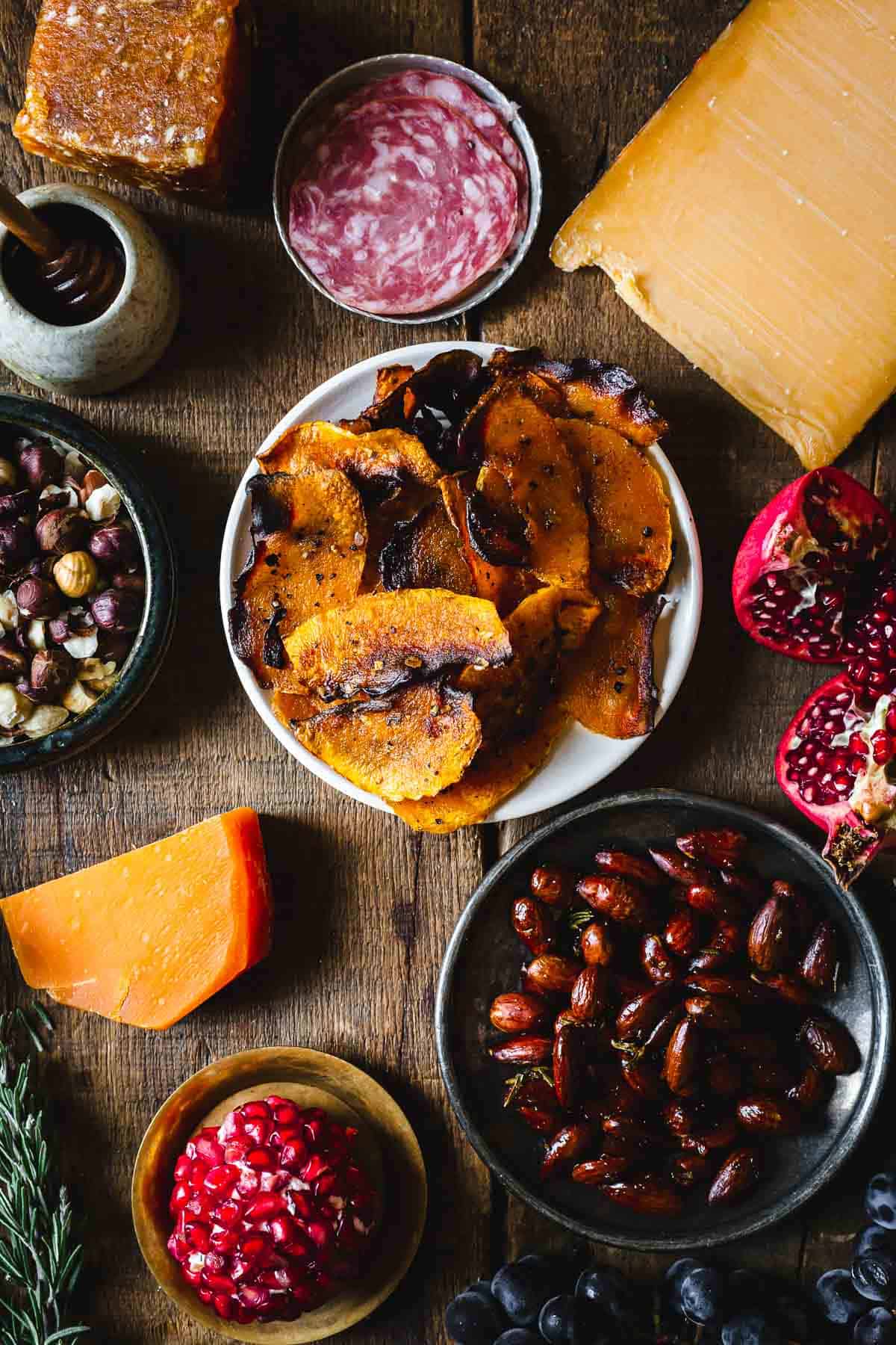 A variety of foods on a wooden table.