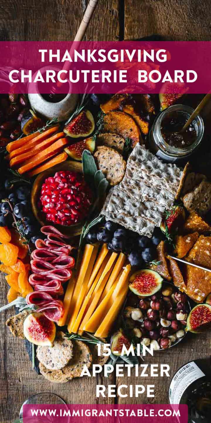 Thanksgiving Charcuterie Board featuring a festive arrangement with the text "Thanksgiving Charcuterie Board" to enhance your holiday celebration.