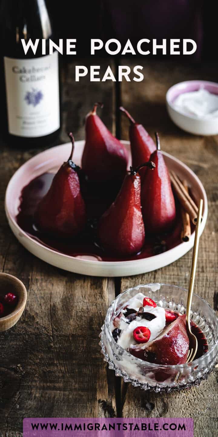 A plate of wine-poached pears garnished with cinnamon sticks and served in a light pink dish. Next to it is a glass bowl of poached pears topped with cream and cranberries. A bottle of wine and a bowl of cream are in the background. Text reads "Delicious Wine Poached Pears.