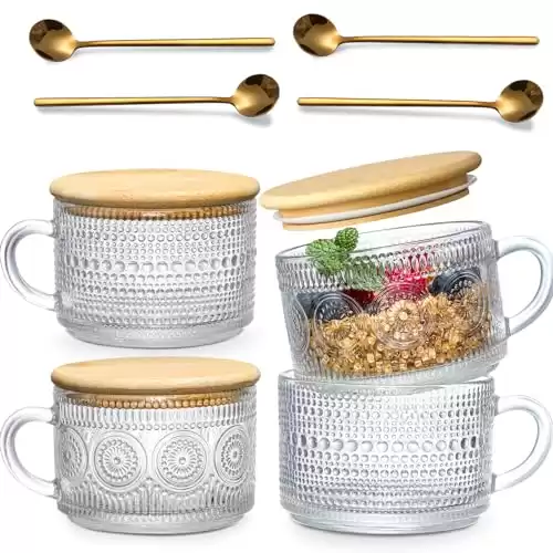 4pcs Set Vintage Coffee Mugs and Overnight Oats Containers with Bamboo Lids and Spoons