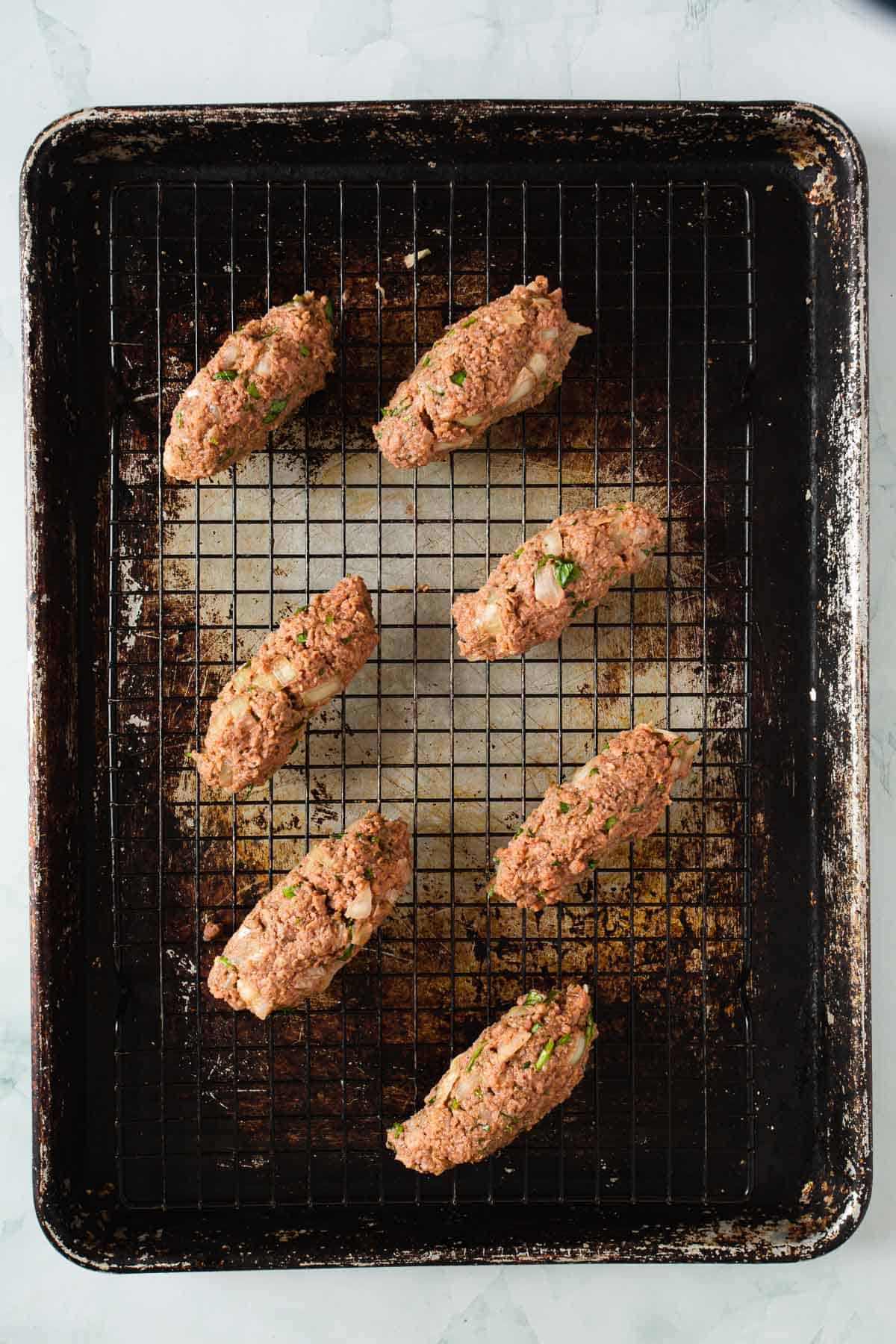 vegetarian kofta kebabs on a baking sheet.