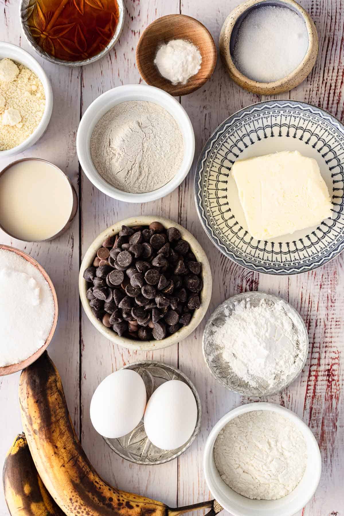 Ingredients for Gluten free banana chocolate chip muffins.