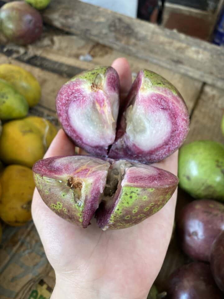 hand holding fruit cut in 4