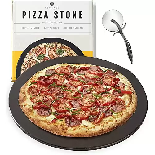 Heritage 15" Ceramic Pizza Stone Set - Non-Stick, Stain-Free with Bonus Cutter - Black