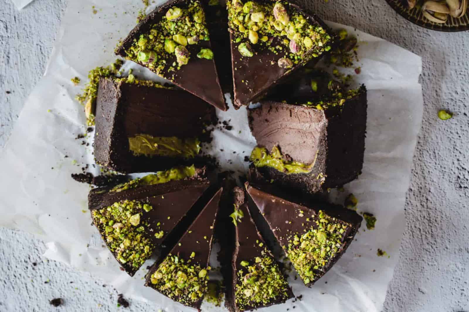 Slices of chocolate pistachio cake.