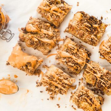 Peanut butter and chocolate bars on a white sheet of paper with Mom's cooking recipes.
