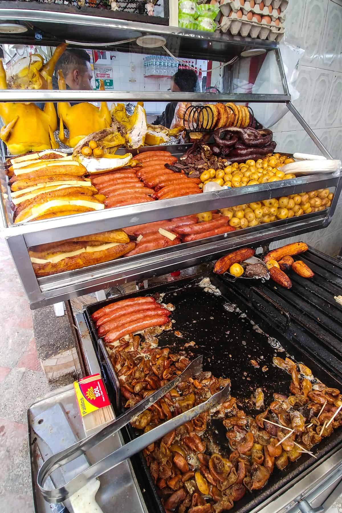 array of Colombian street food in a market
