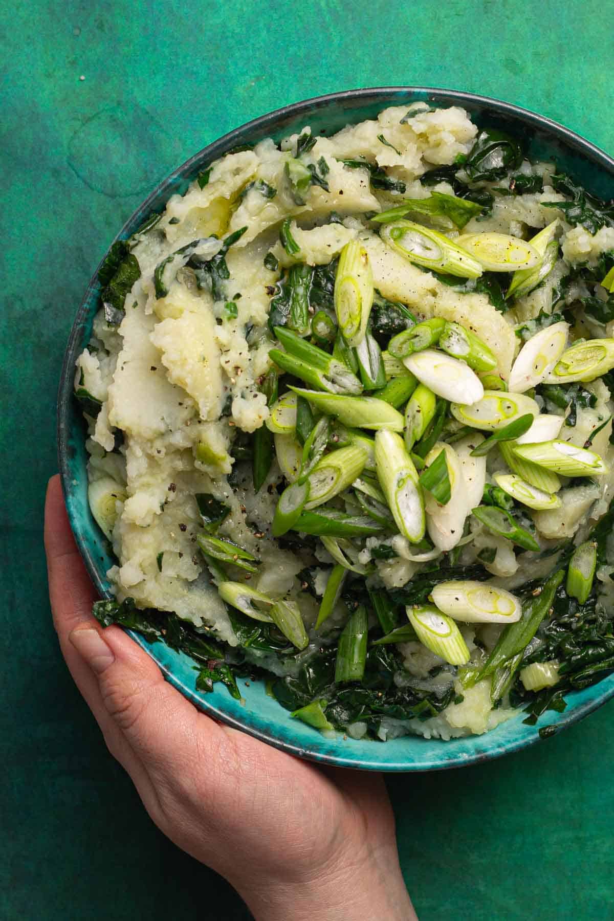 A hand holding a bowl of irish colcannon topped with green onions.