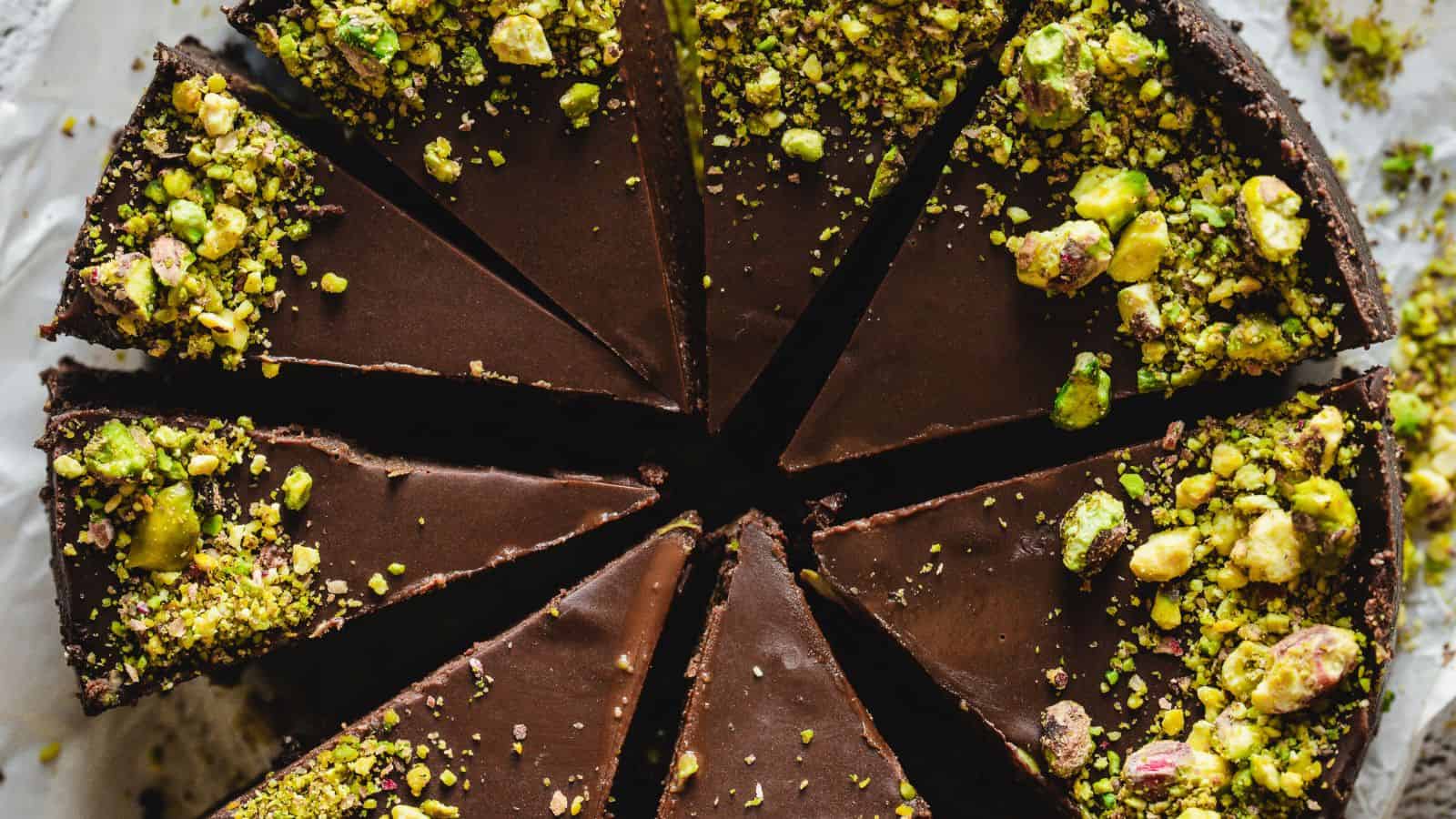 Chocolate pistachio tart with pistachios.