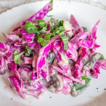 Red cabbage salad on a plate with a fork.