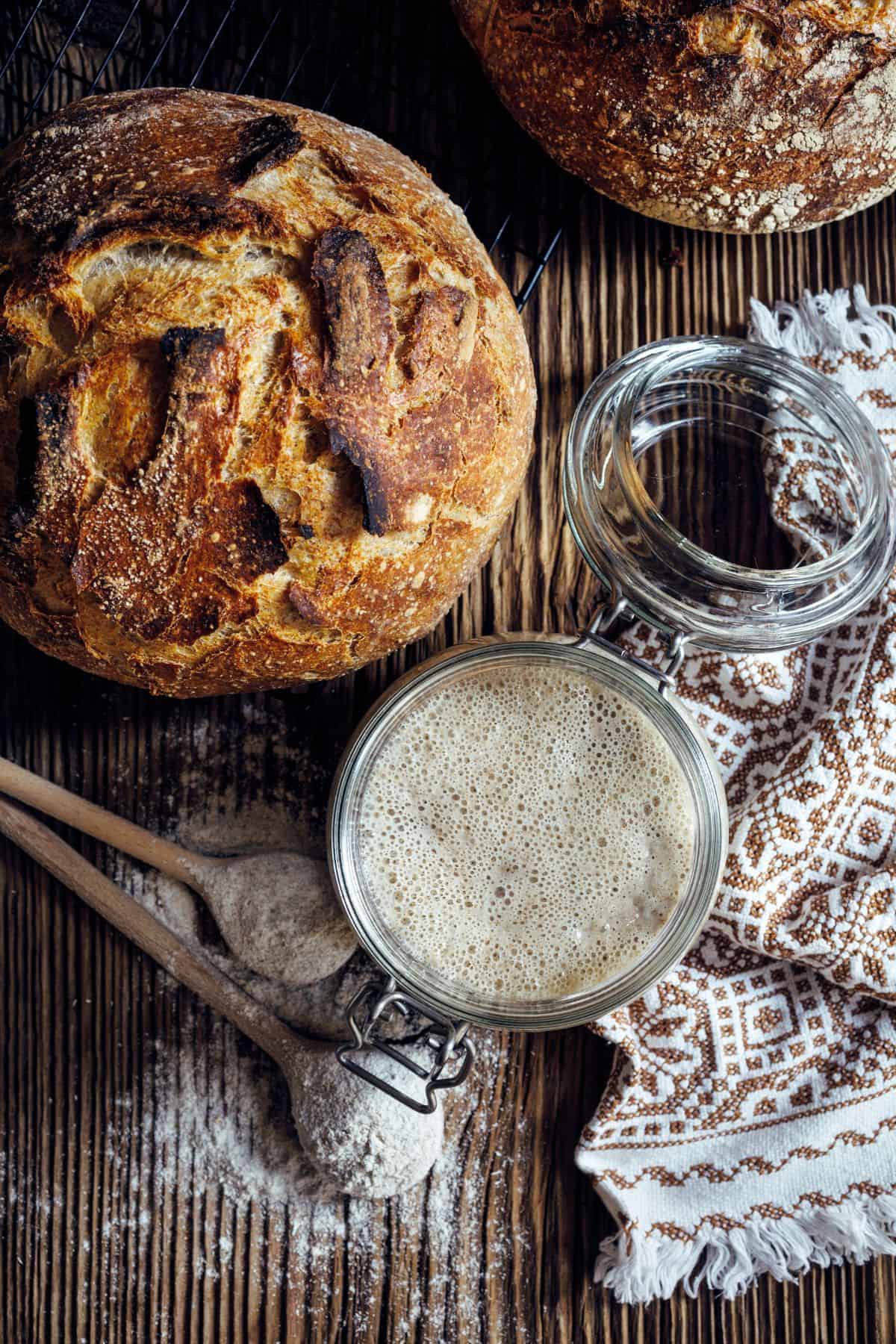 A top-down view of freshly baked loaves of crusty sourdough bread, a jar with flour, and a glass of a frothy beverage, all arranged on a rustic wooden surface with a