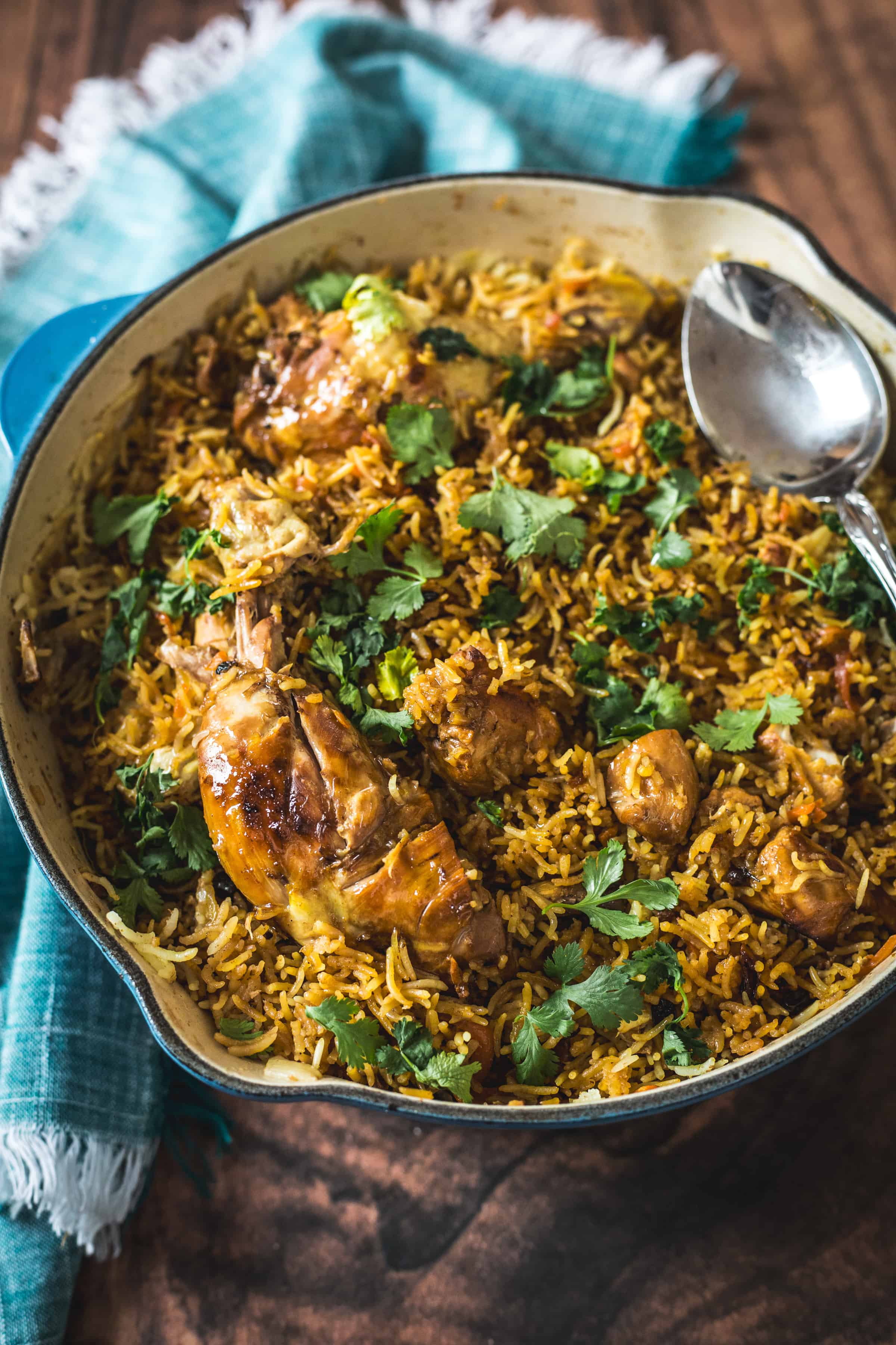 Chicken rice pilaf in a pan on a table.