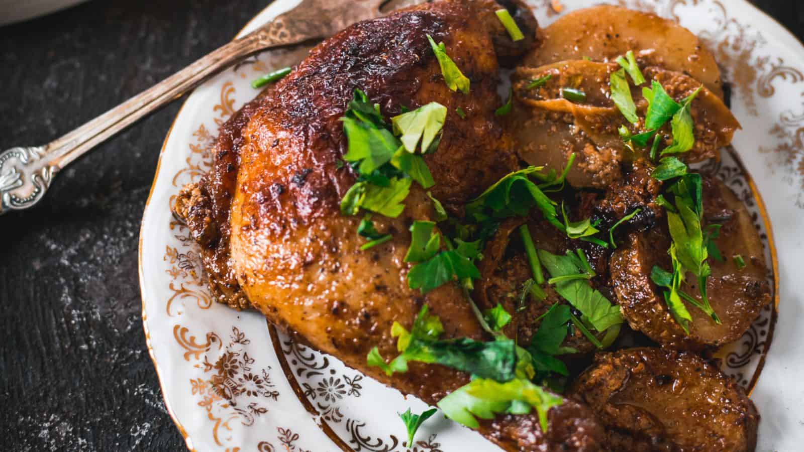 Buttermilk chicken and potatoes on a plate.