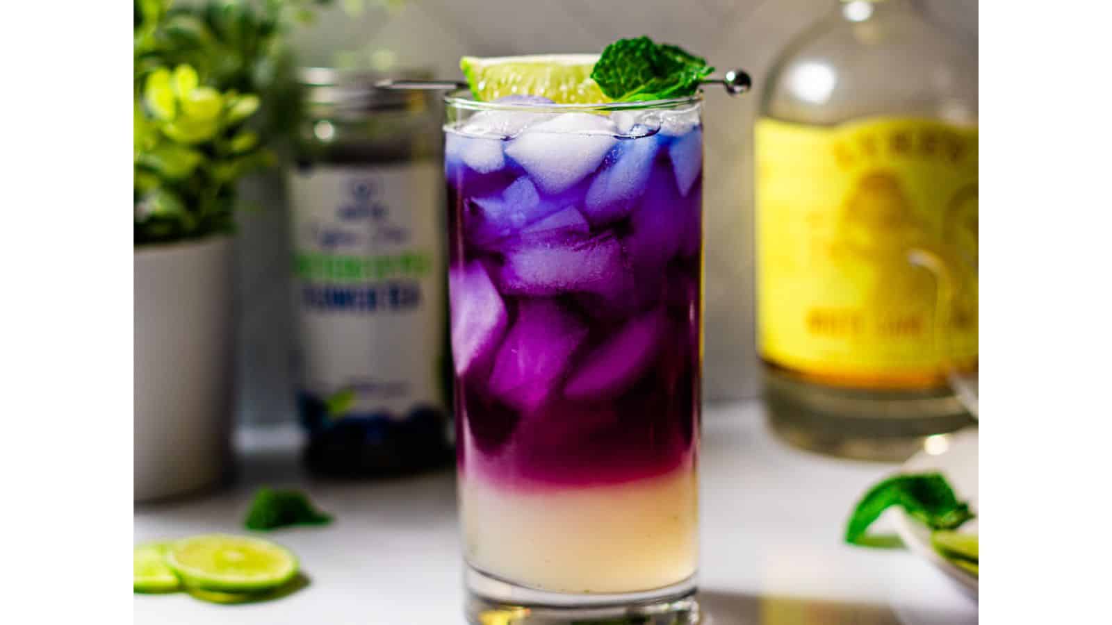 A vibrant cocktail with layers of purple and white, garnished with a lime slice and mint leaf, displayed between a tin of tonic water and a bottle of gin.