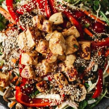 Large plate of fried halloumi salad with wine glass.