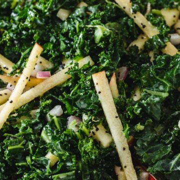 A close-up image shows a kale salad mixed with thin, matchstick-cut apple slices, diced red onions, and a light dressing, topped with a sprinkling of poppy seeds. This quick recipe exhibits a fresh, leafy green texture combined with the crispness of the apple slices.