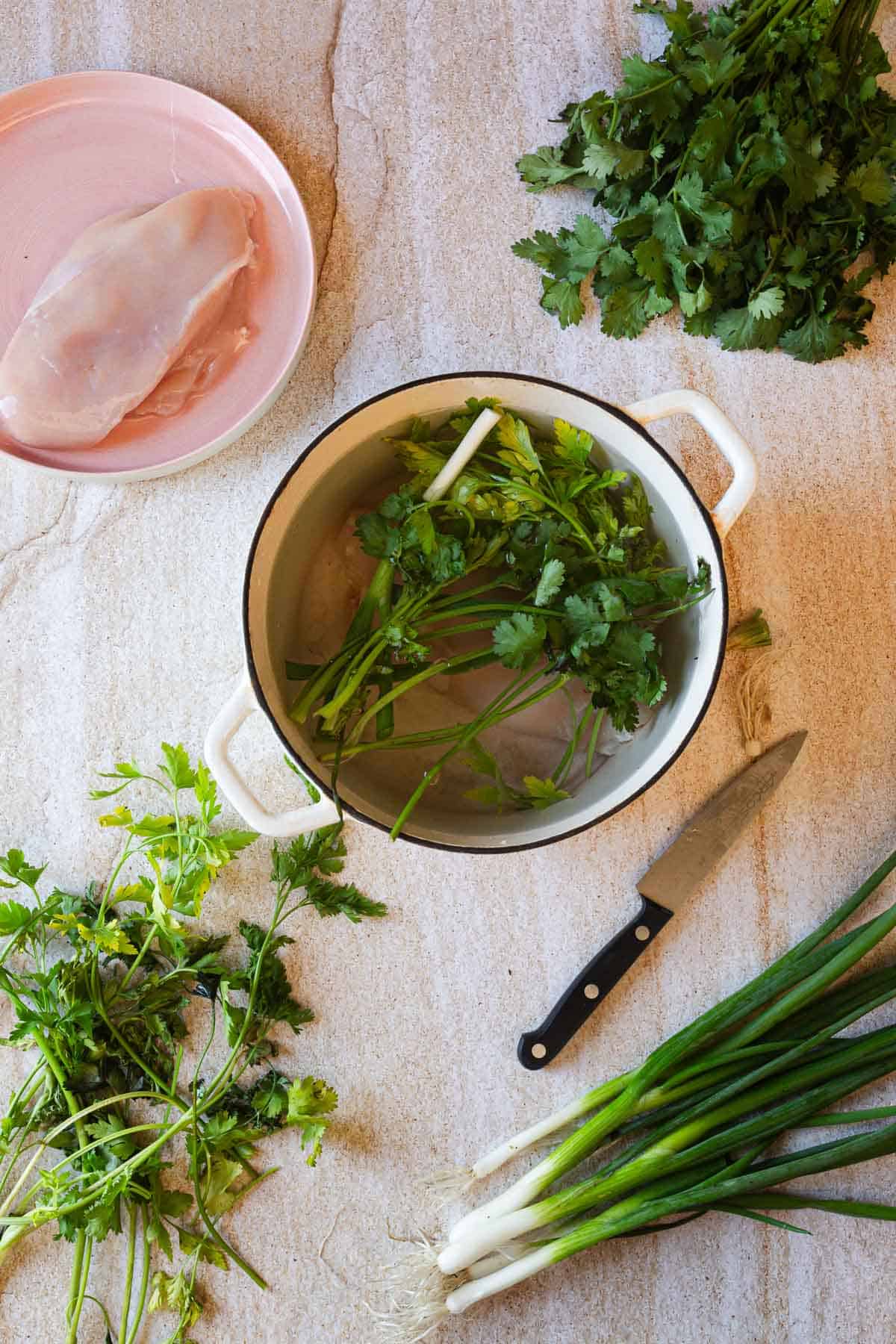 Fresh ingredients laid out on a countertop, including a raw chicken breast, a bunch of cilantro, green onions, and a pot with herbs soaking in water to create a chicken broth.