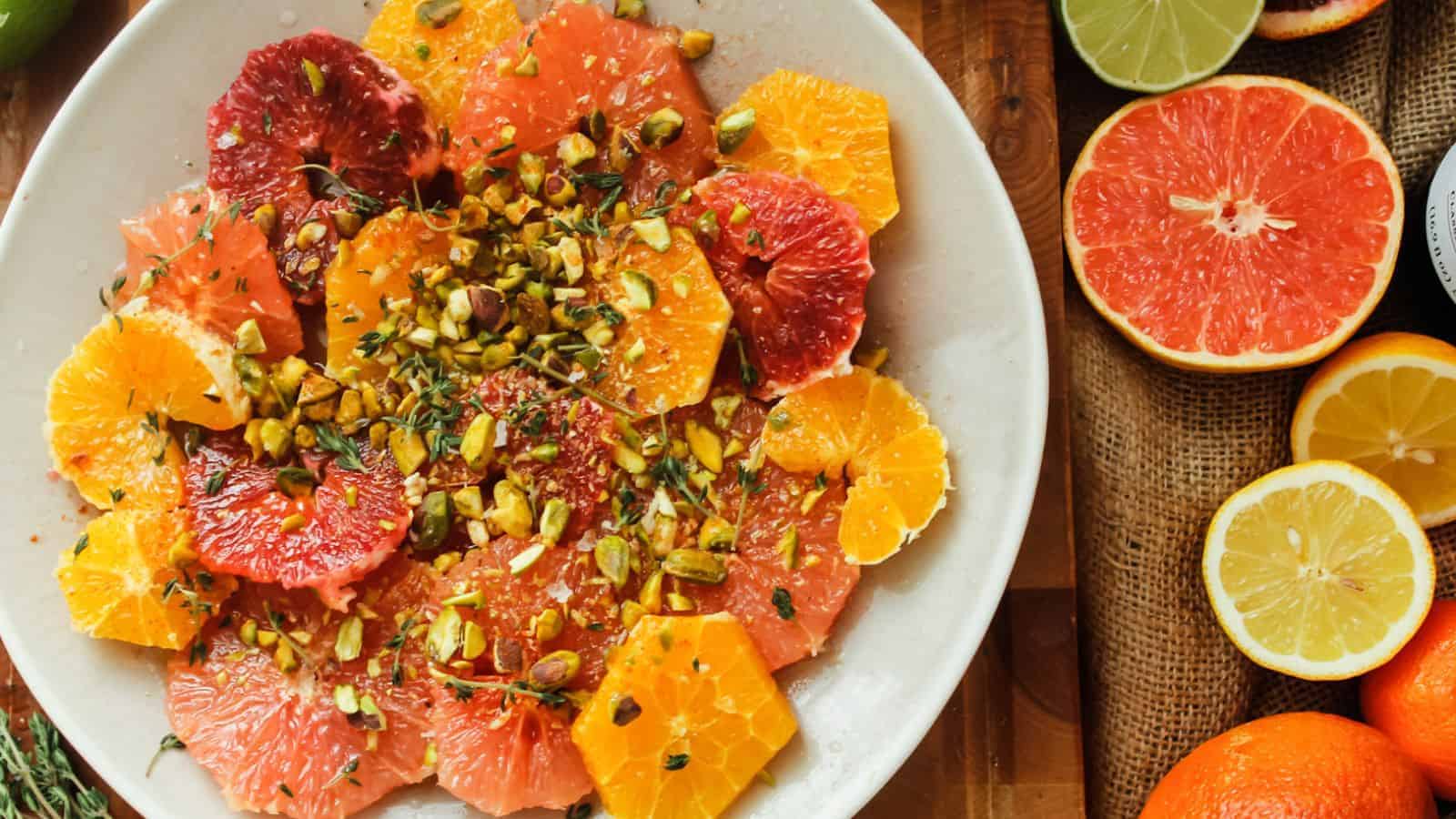 Overhead view of citrus salad with citrus.