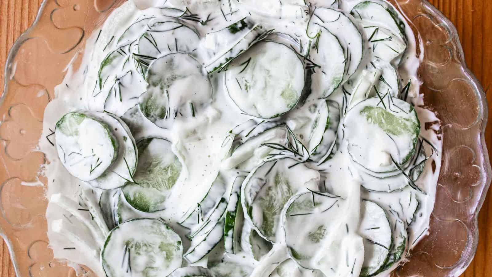 Overhead view of cucumber salad.